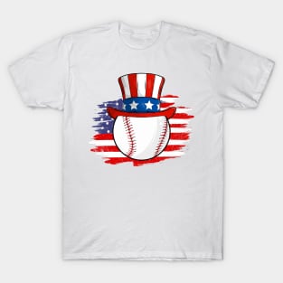 4th of July Baseball Lover American Flag Ball with Top Hat T-Shirt